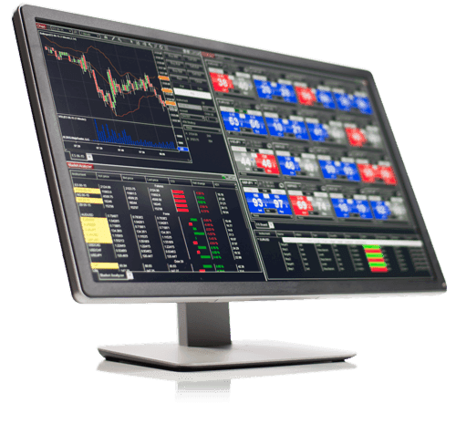 Desktop monitor displaying the NinjaTrader platform with charts, order entry, and market analysis windows